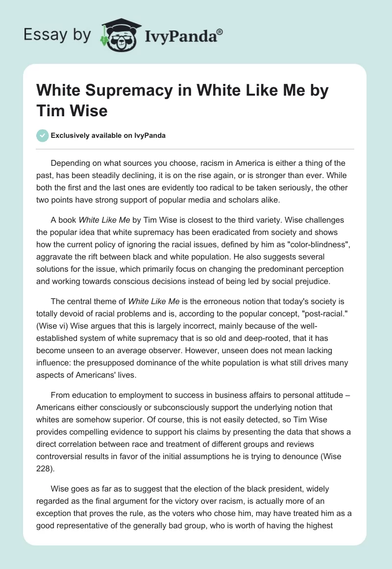 White Supremacy in "White Like Me" by Tim Wise. Page 1
