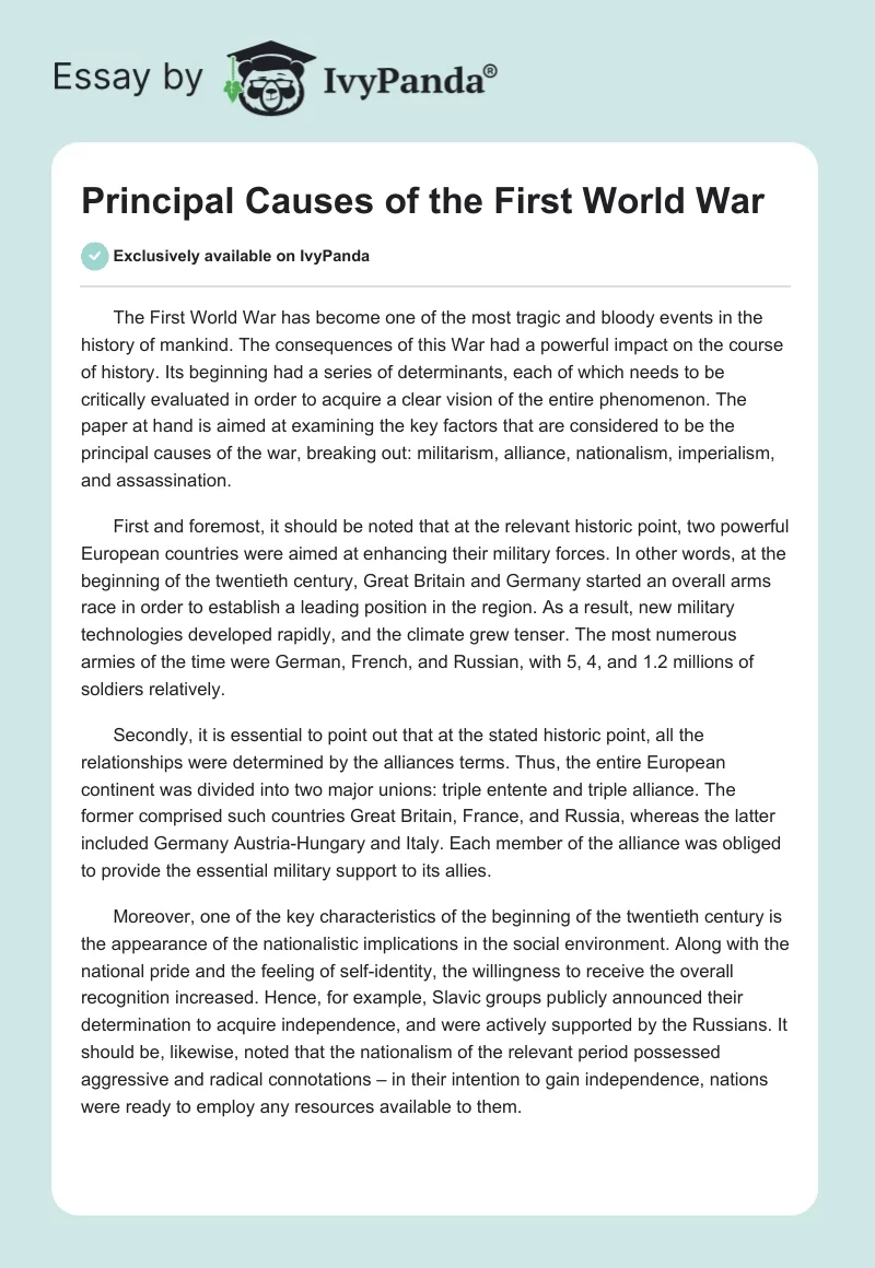 Principal Causes of the First World War. Page 1
