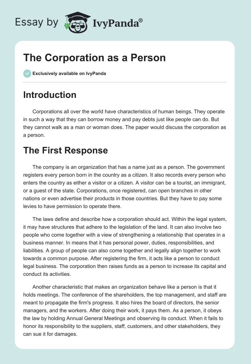 The Corporation as a Person. Page 1