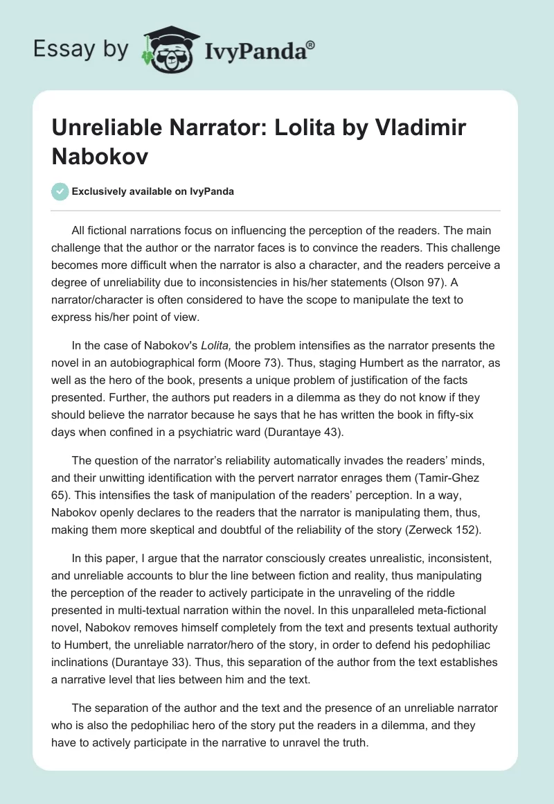 Unreliable Narrator: "Lolita" by Vladimir Nabokov. Page 1