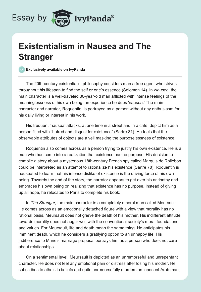 Existentialism in "Nausea" and "The Stranger". Page 1