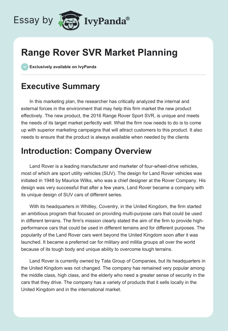 Range Rover SVR Market Planning. Page 1