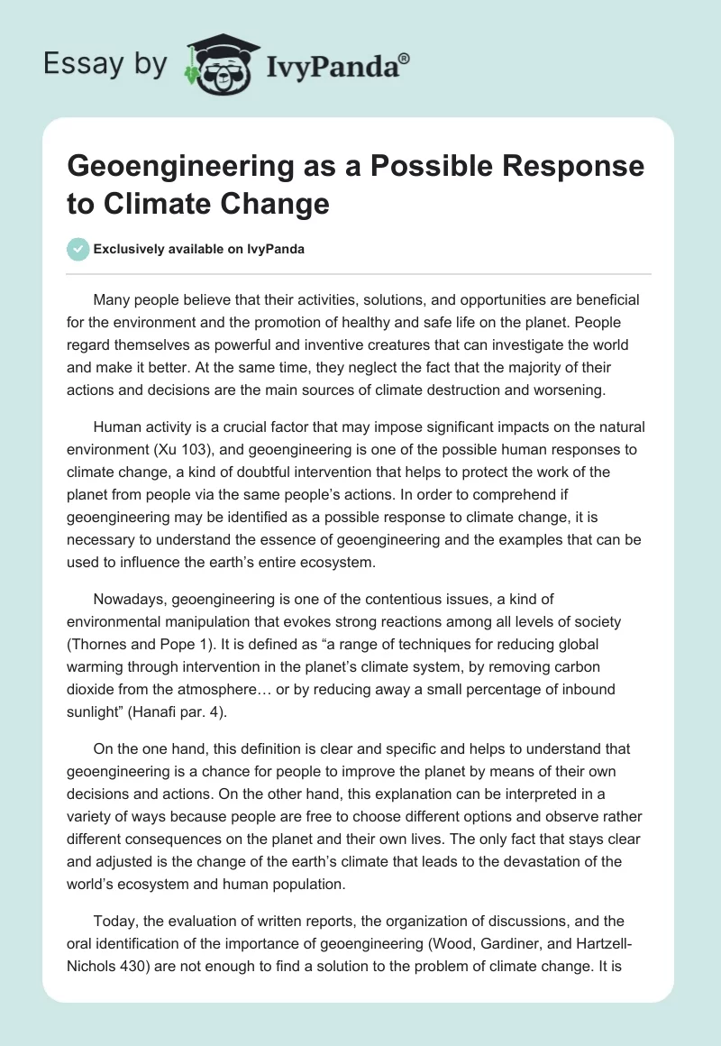 Geoengineering as a Possible Response to Climate Change. Page 1
