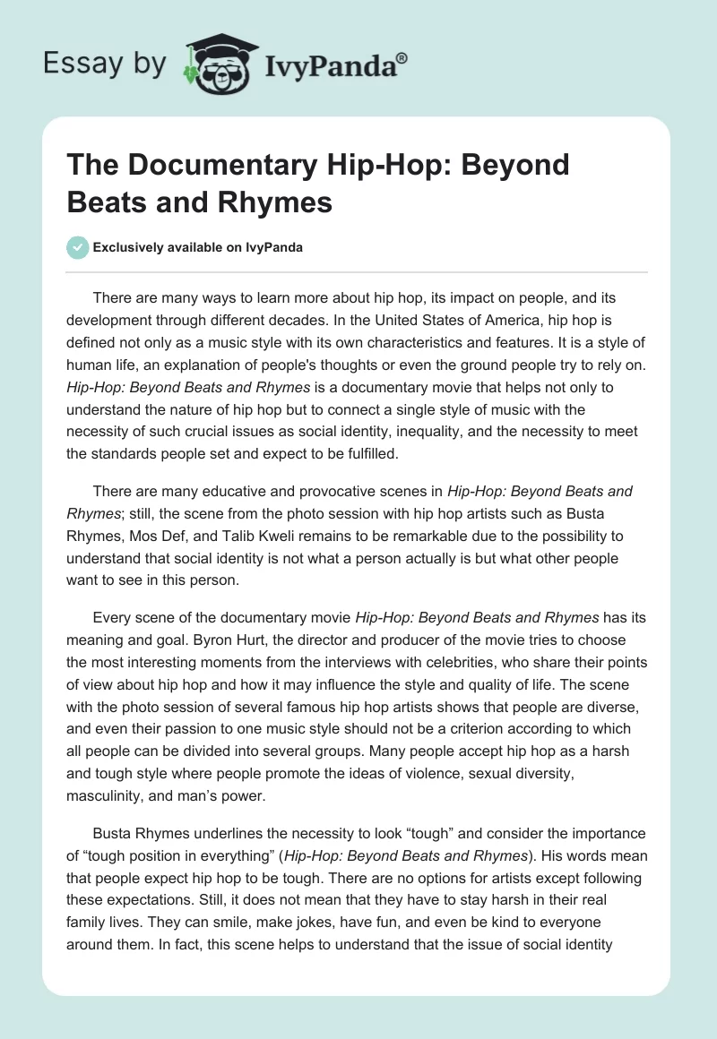 The Documentary "Hip-Hop: Beyond Beats and Rhymes". Page 1