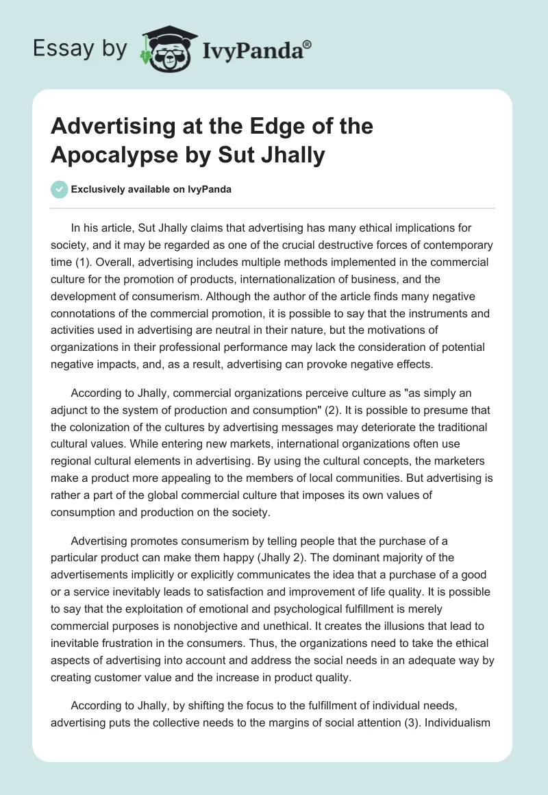 "Advertising at the Edge of the Apocalypse" by Sut Jhally. Page 1