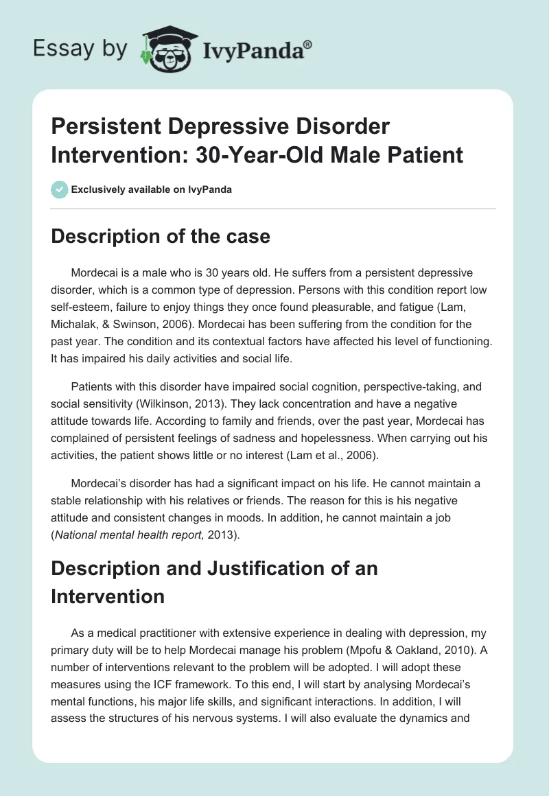 Persistent Depressive Disorder Intervention: 30-Year-Old Male Patient. Page 1