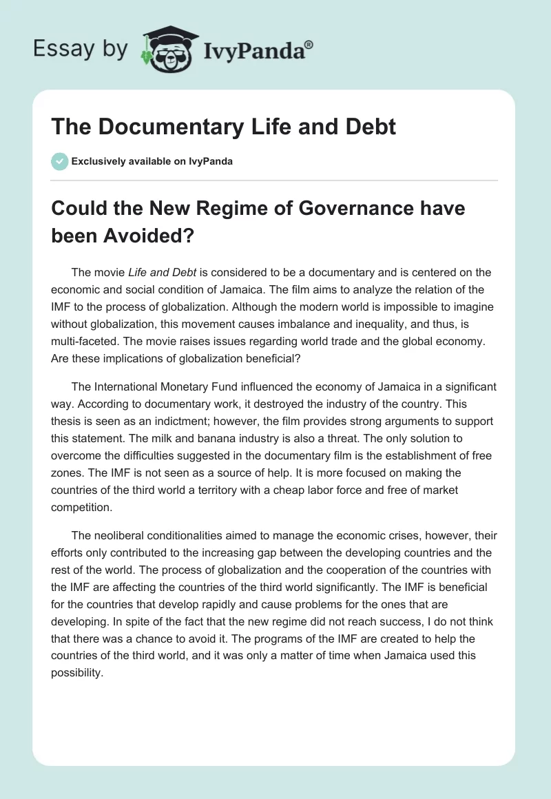 The Documentary "Life and Debt". Page 1