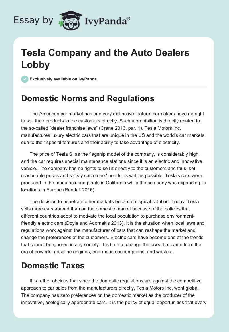 Tesla Company and the Auto Dealers Lobby. Page 1