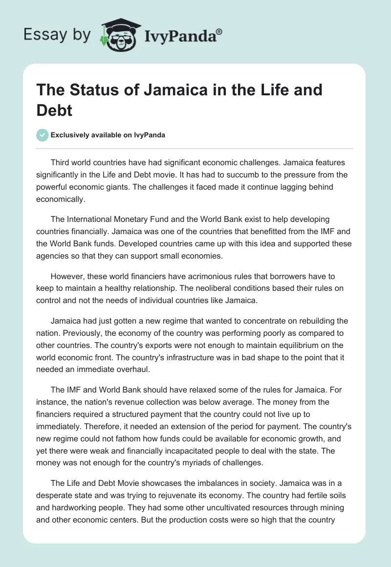 The Status of Jamaica in the "Life and Debt". Page 1