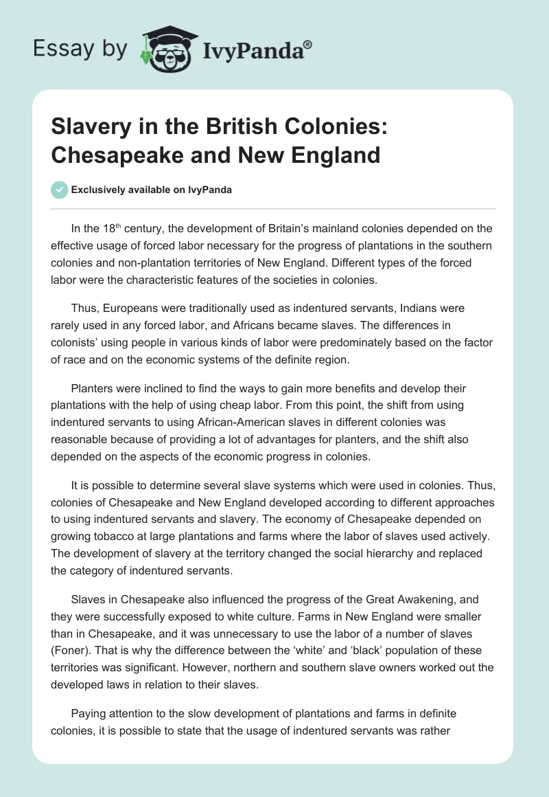 Slavery in the British Colonies: Chesapeake and New England. Page 1