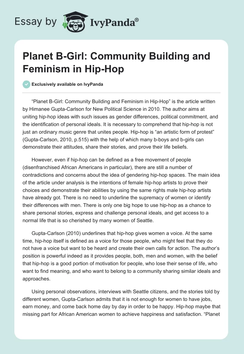 Planet B-Girl: Community Building and Feminism in Hip-Hop. Page 1