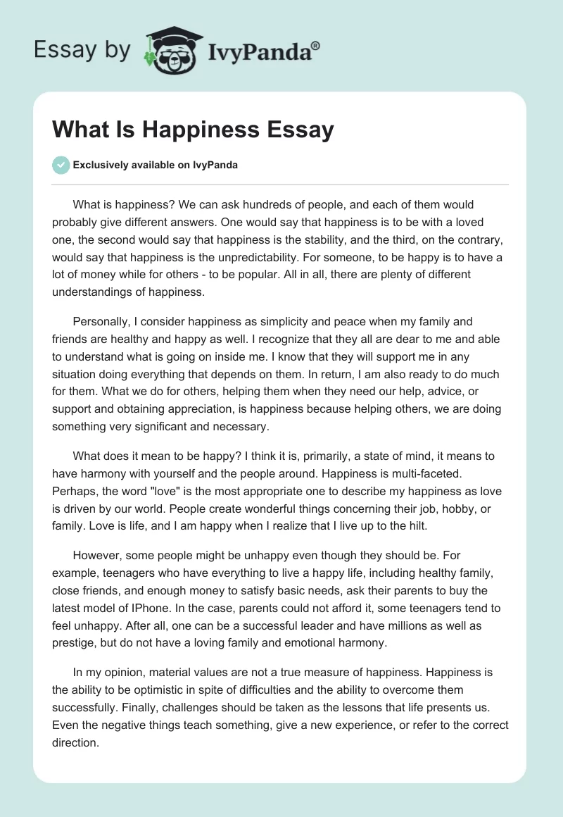 What Is Happiness Essay. Page 1