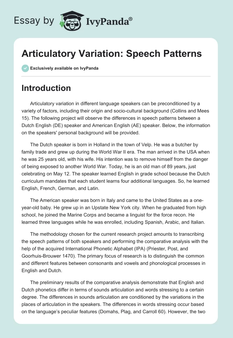 Articulatory Variation: Speech Patterns. Page 1