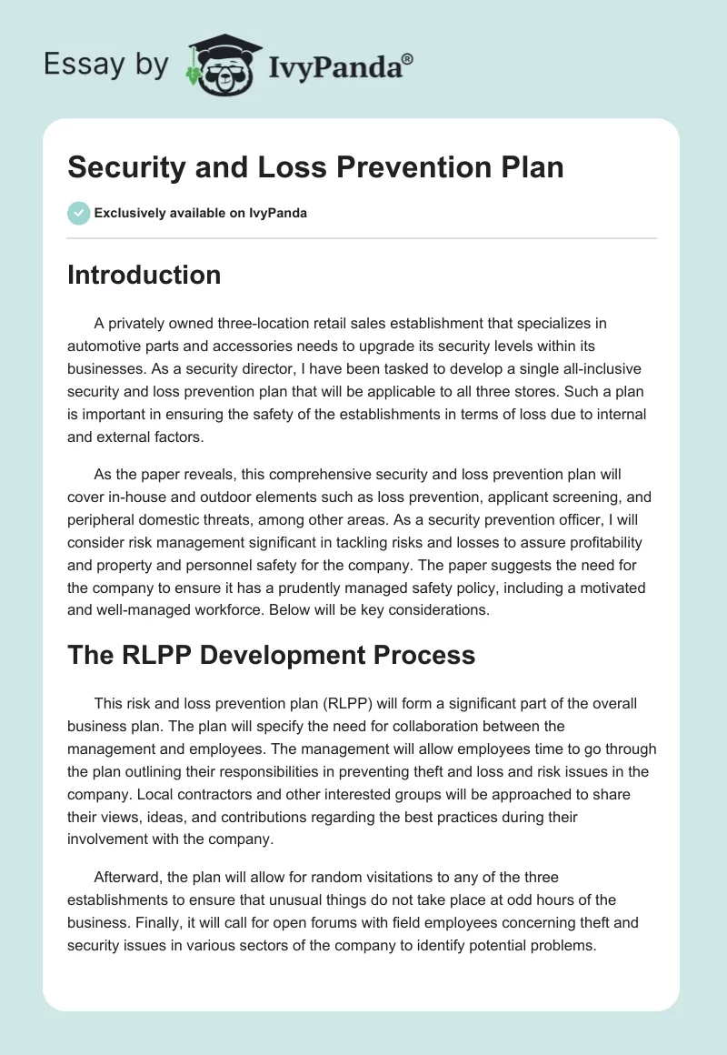 Security and Loss Prevention Plan. Page 1
