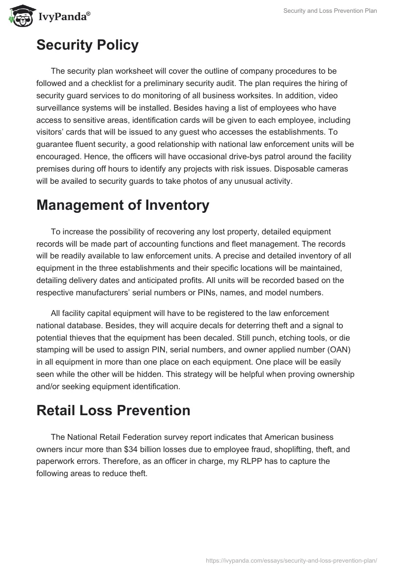Security and Loss Prevention Plan. Page 2