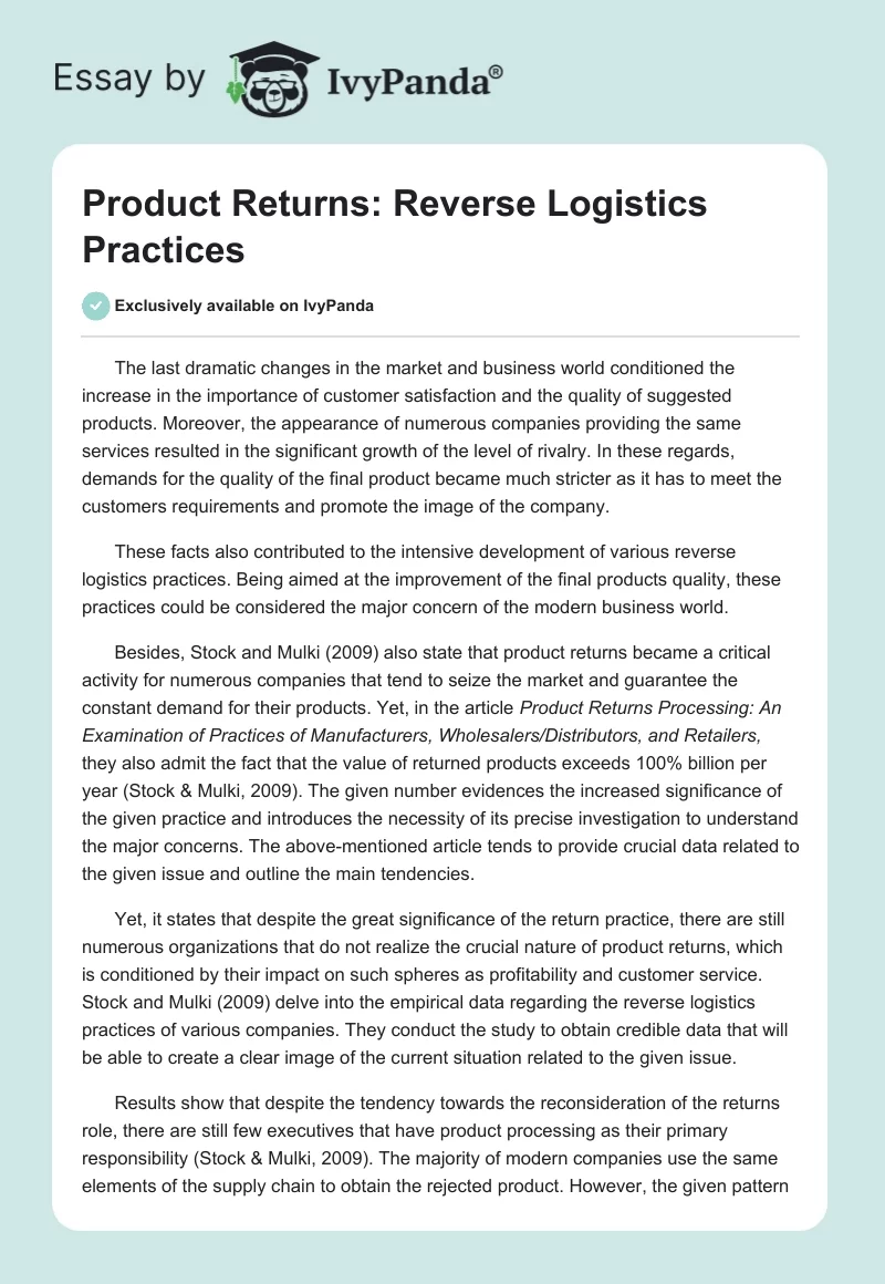 Product Returns: Reverse Logistics Practices. Page 1