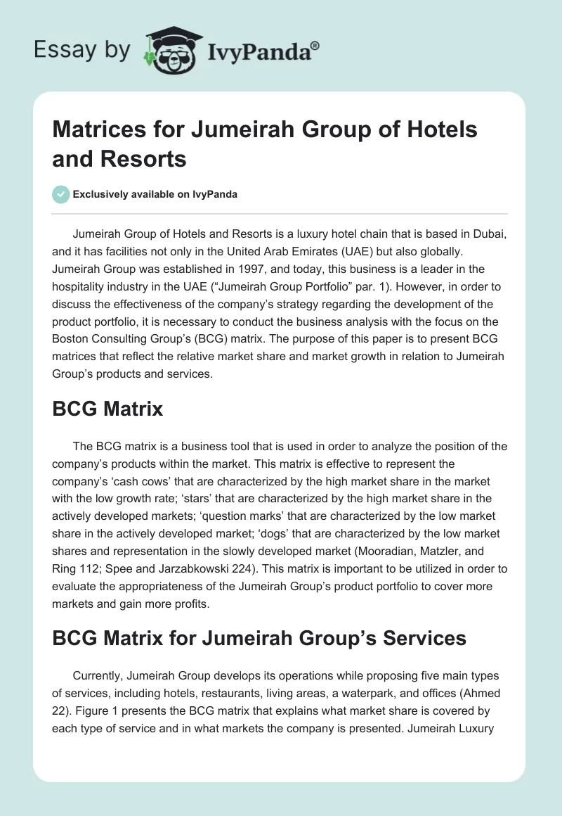 Matrices for Jumeirah Group of Hotels and Resorts. Page 1