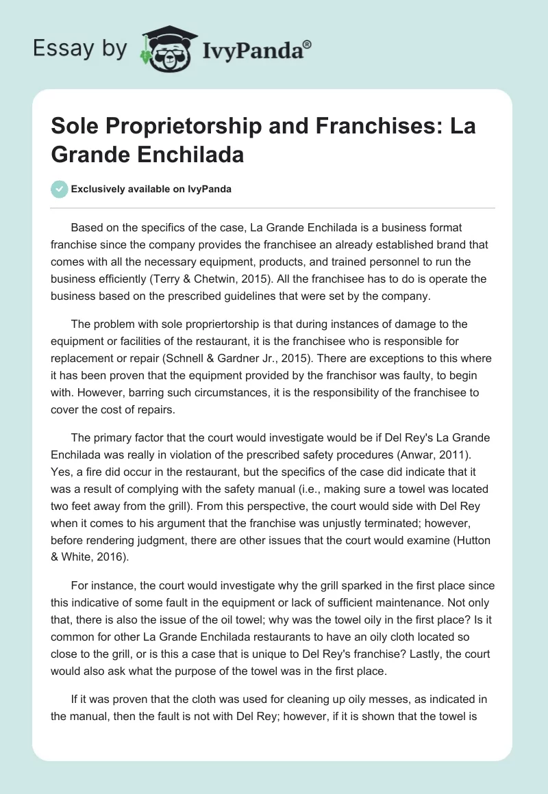 Sole Proprietorship and Franchises: La Grande Enchilada. Page 1