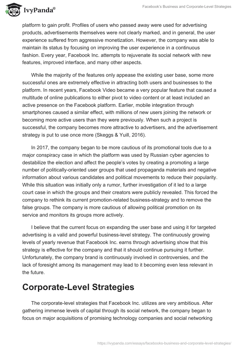 Facebook’s Business and Corporate-Level Strategies. Page 2