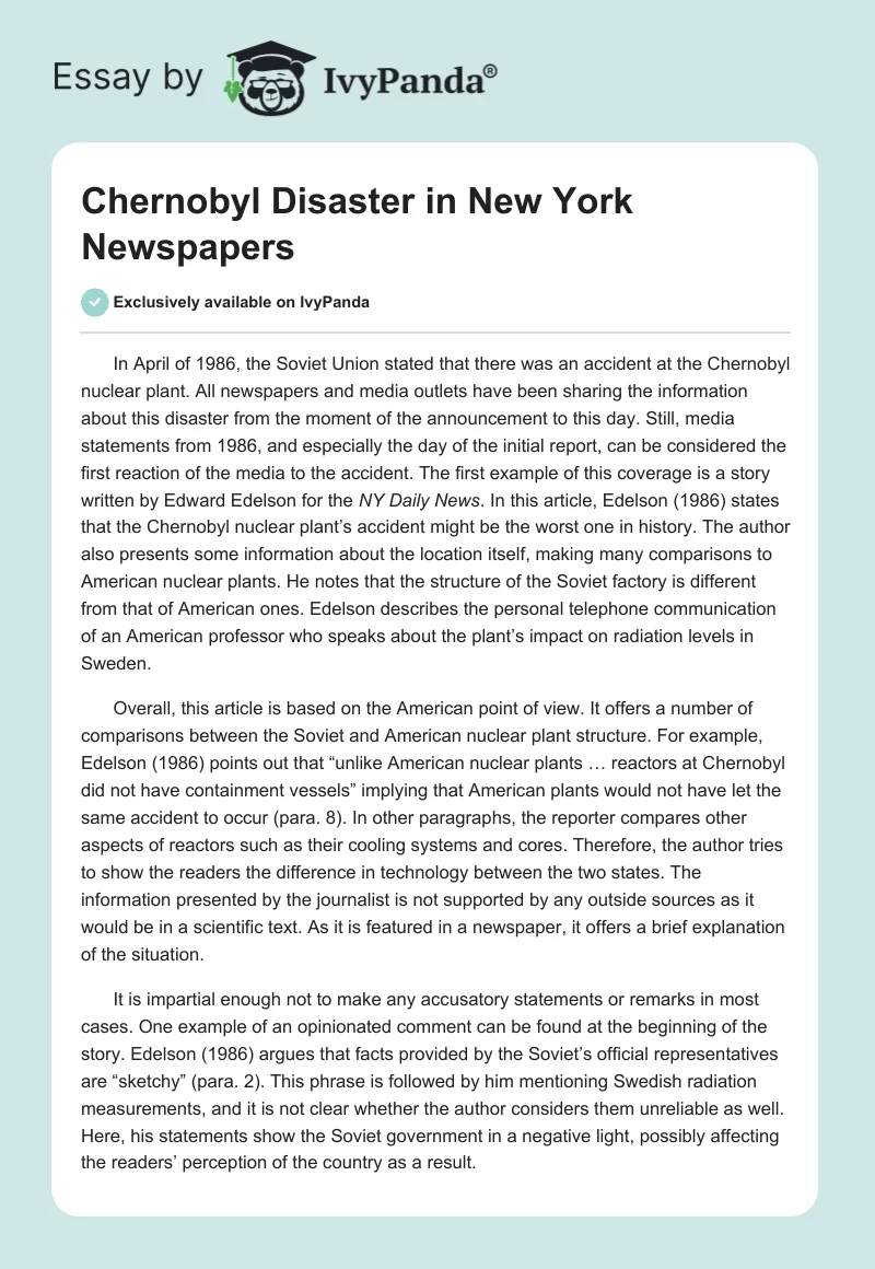Chernobyl Disaster in New York Newspapers. Page 1