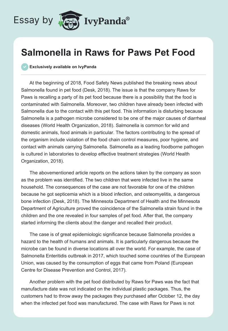 Salmonella in Raws for Paws Pet Food. Page 1