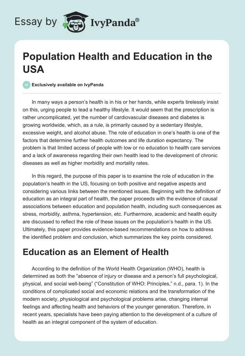 Population Health and Education in the USA. Page 1
