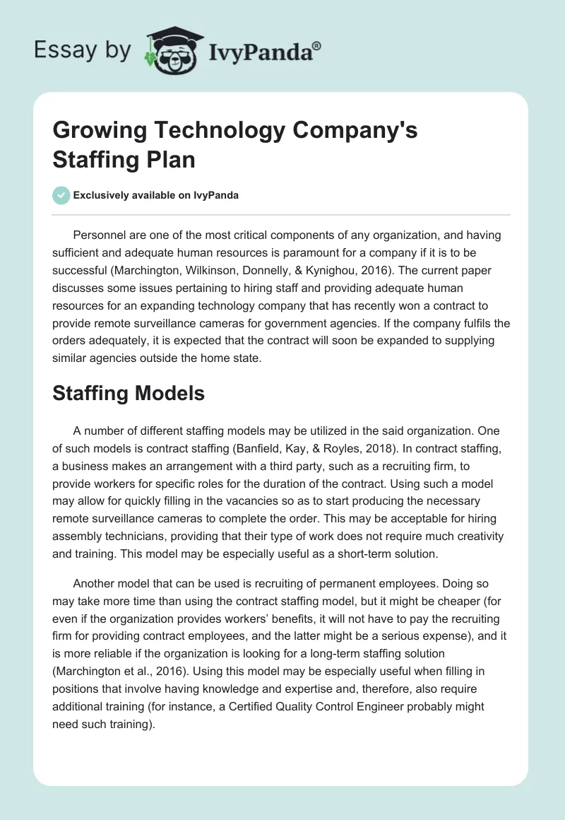Growing Technology Company's Staffing Plan. Page 1