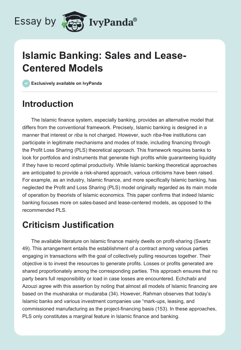 Islamic Banking: Sales and Lease-Centered Models. Page 1