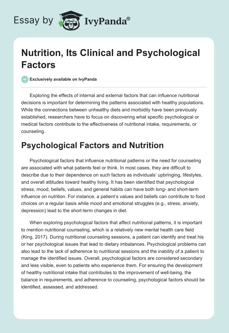 Nutrition, Its Clinical and Psychological Factors. Page 1