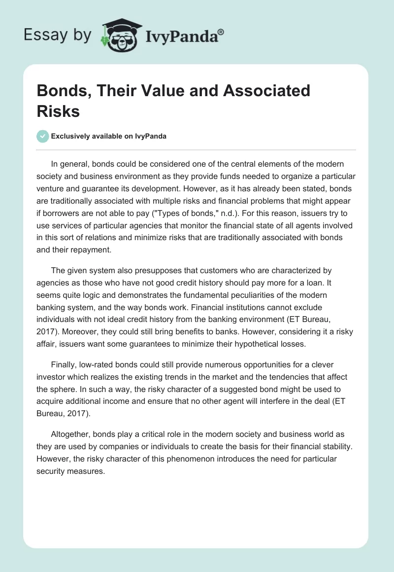 Bonds, Their Value and Associated Risks. Page 1