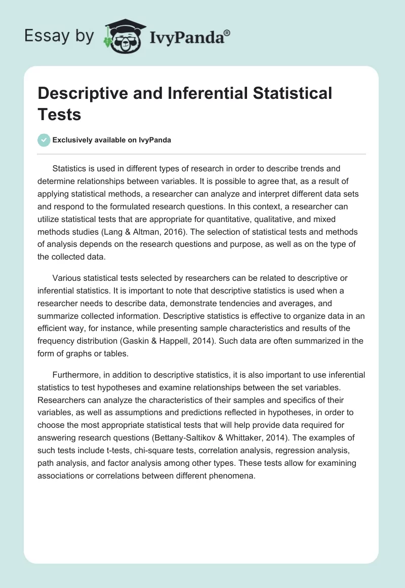 Descriptive and Inferential Statistical Tests. Page 1