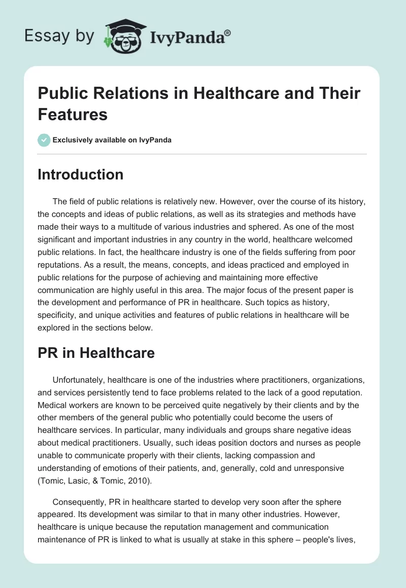Public Relations in Healthcare and Their Features. Page 1