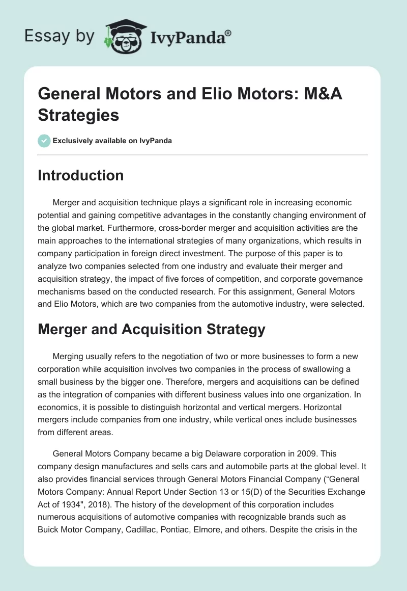 General Motors and Elio Motors: M&A Strategies. Page 1