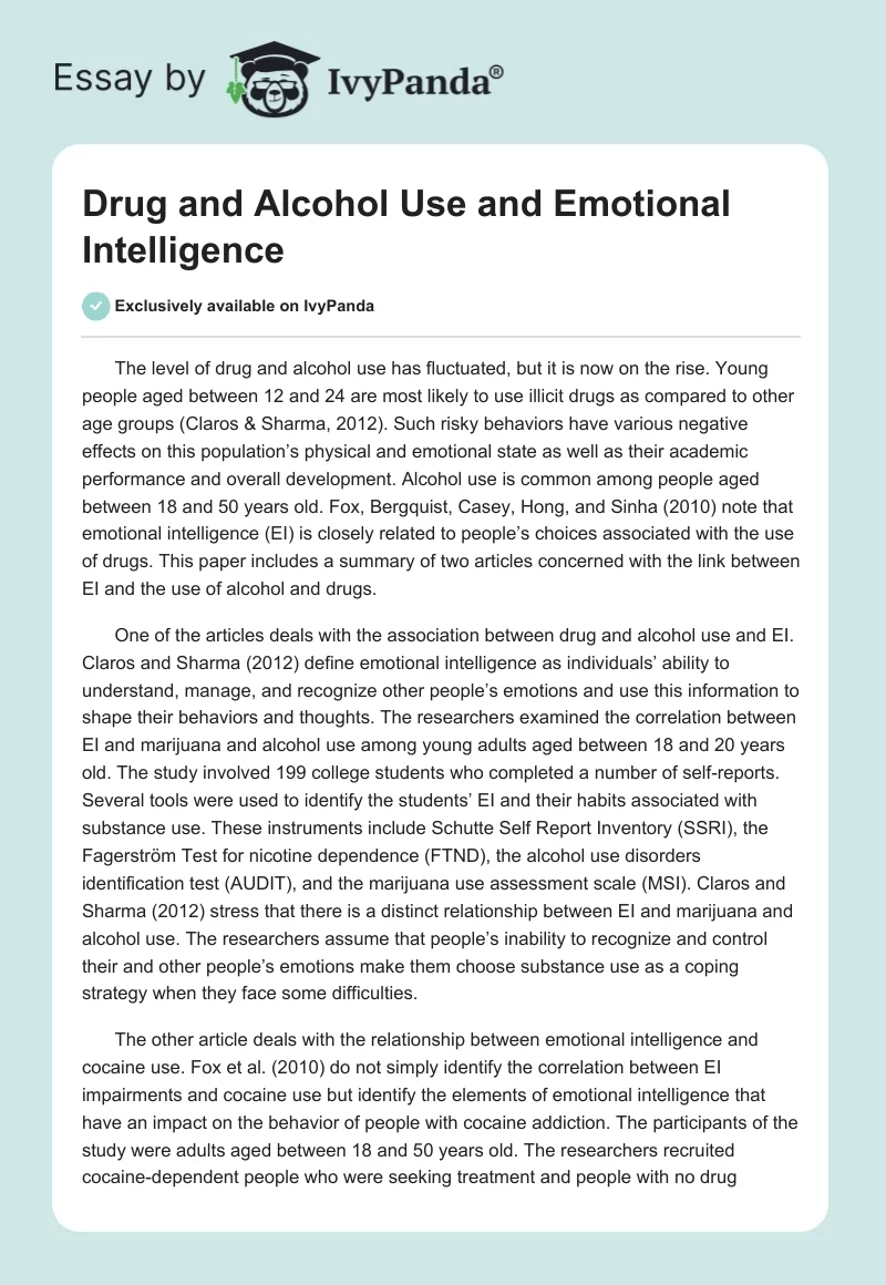 Emotional Intelligence and Substance Use: Correlations and Implications. Page 1