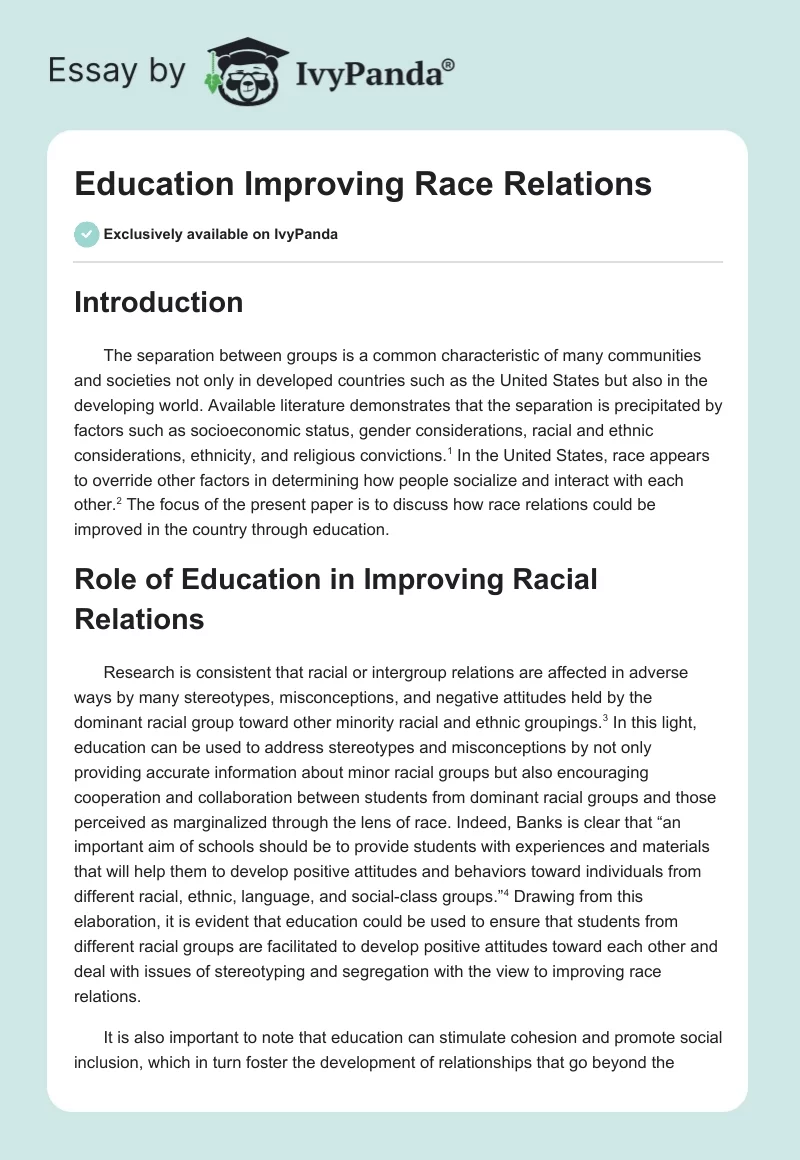 Education Improving Race Relations. Page 1