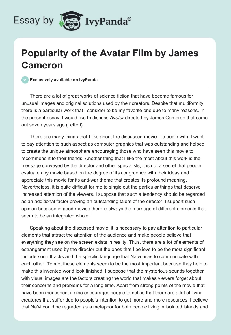 Popularity of the "Avatar" Film by James Cameron. Page 1