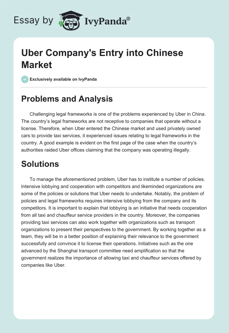 Uber Company's Entry into Chinese Market. Page 1