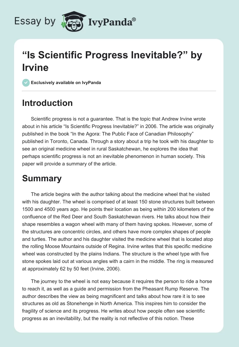 “Is Scientific Progress Inevitable?” by Irvine. Page 1