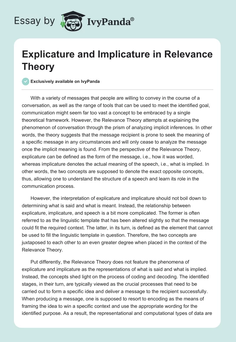Explicature and Implicature in Relevance Theory. Page 1