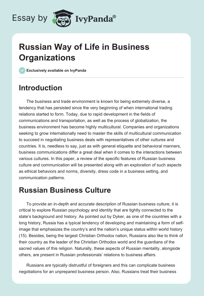 Russian Way of Life in Business Organizations. Page 1