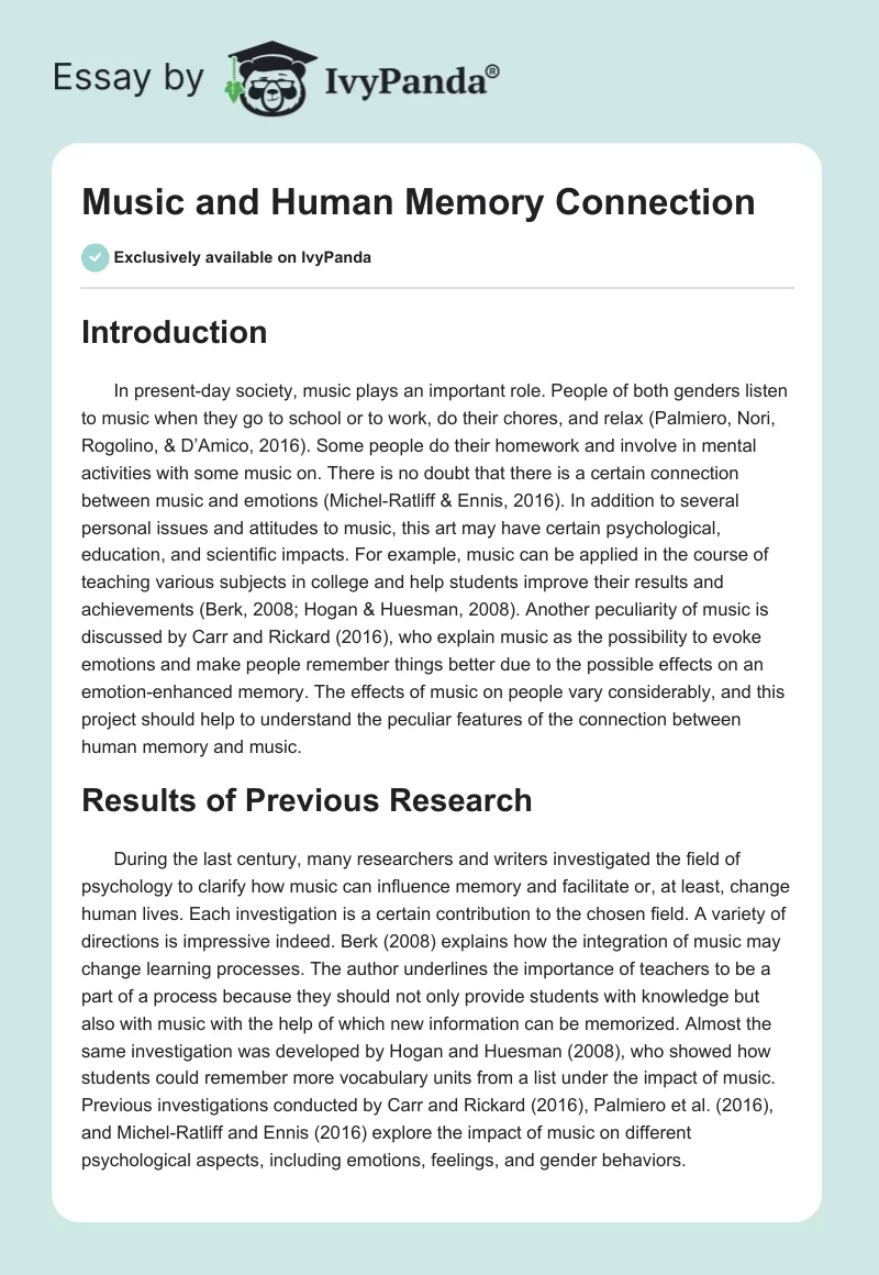 Music and Human Memory Connection. Page 1