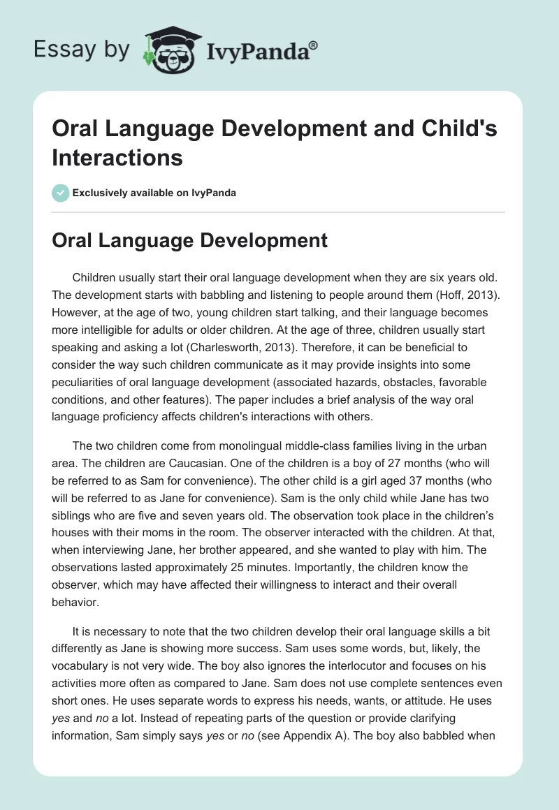 Oral Language Development and Child's Interactions. Page 1