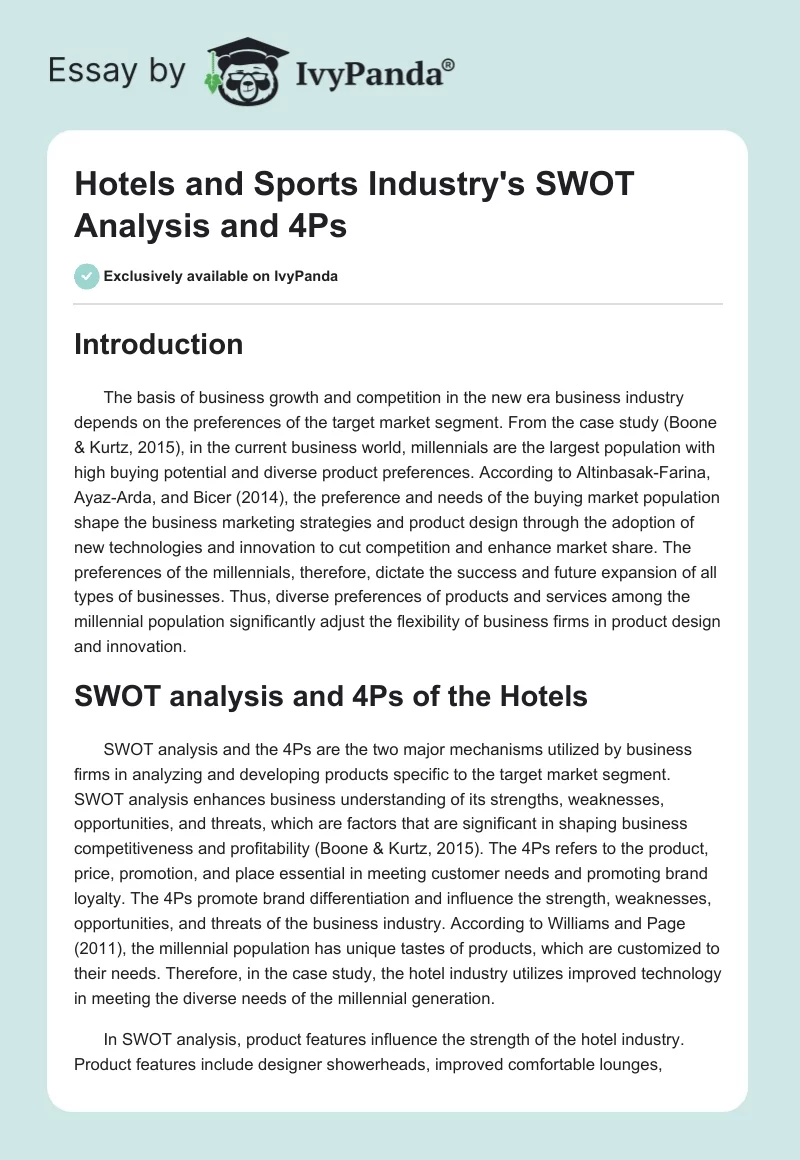 Hotels and Sports Industry's SWOT Analysis and 4Ps. Page 1
