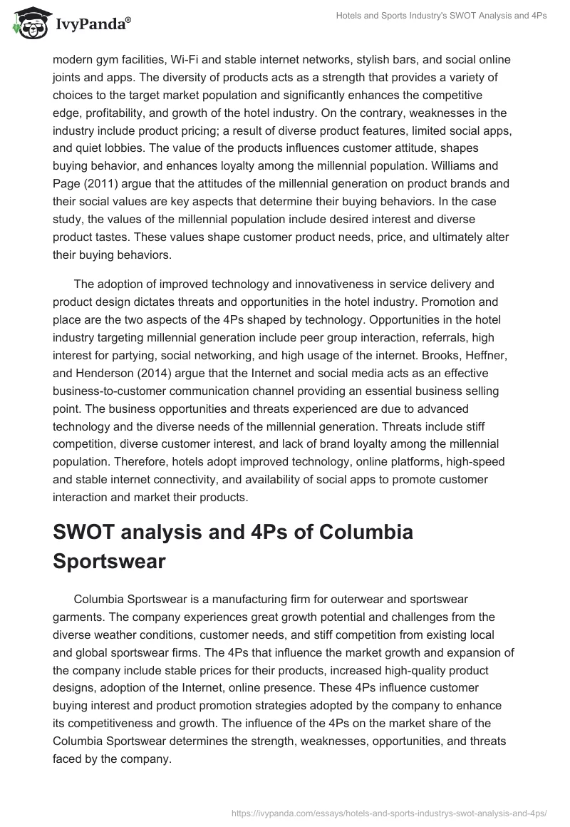 Hotels and Sports Industry's SWOT Analysis and 4Ps. Page 2