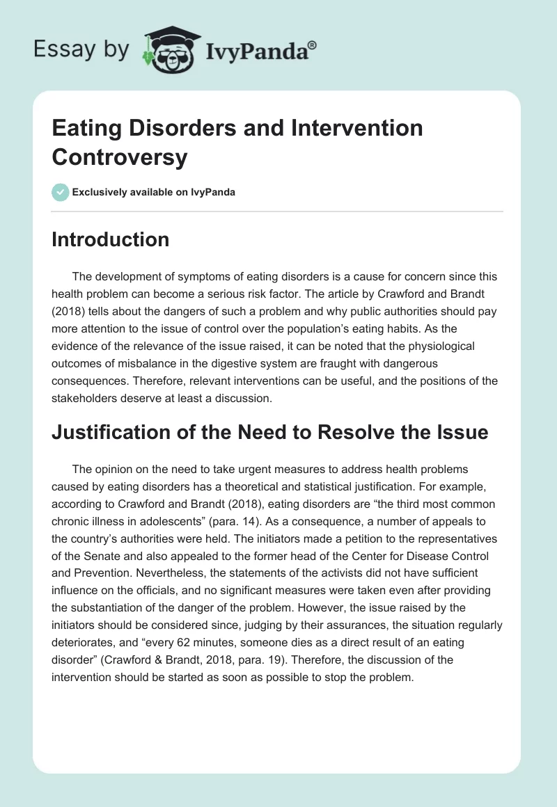 Eating Disorders and Intervention Controversy. Page 1