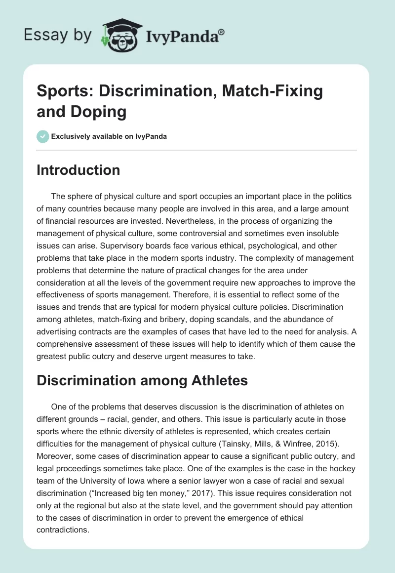 Sports: Discrimination, Match-Fixing and Doping. Page 1