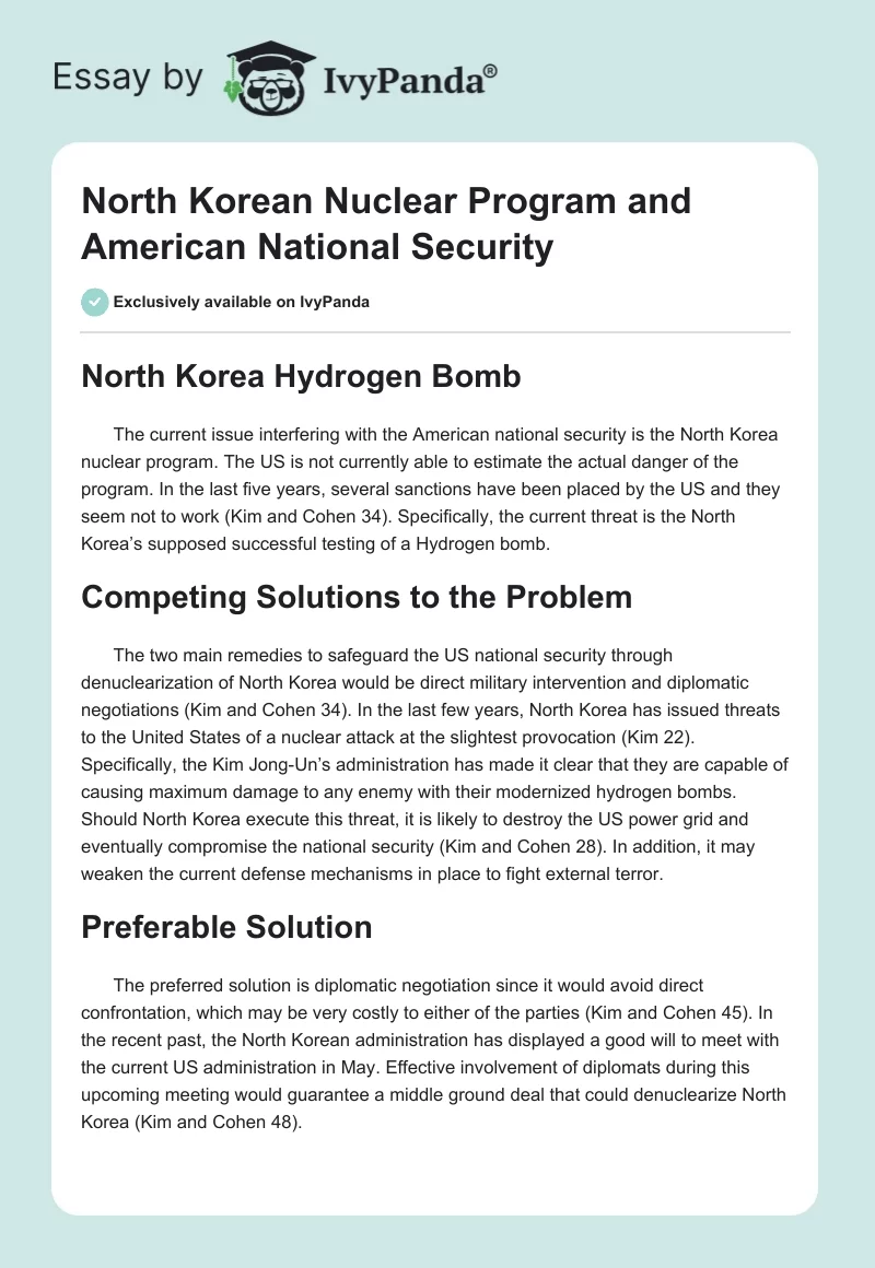 North Korean Nuclear Program and American National Security. Page 1
