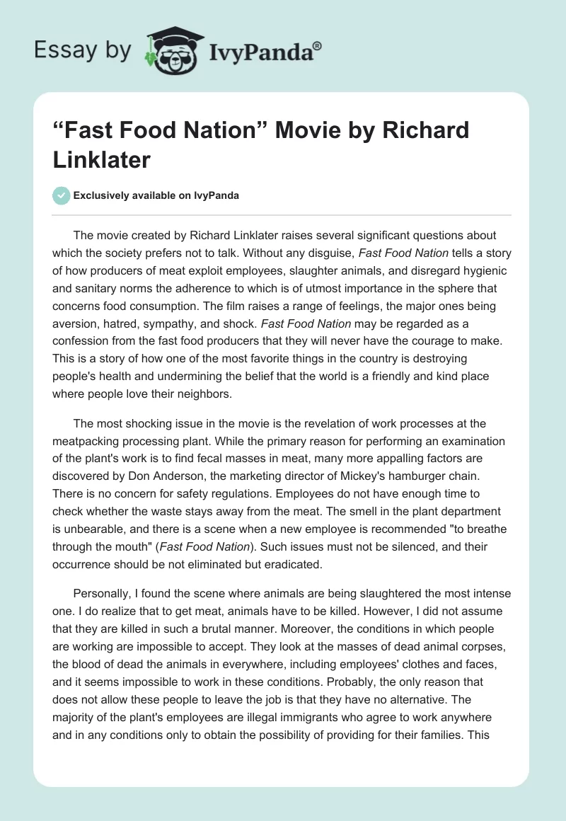 “Fast Food Nation” Movie by Richard Linklater. Page 1