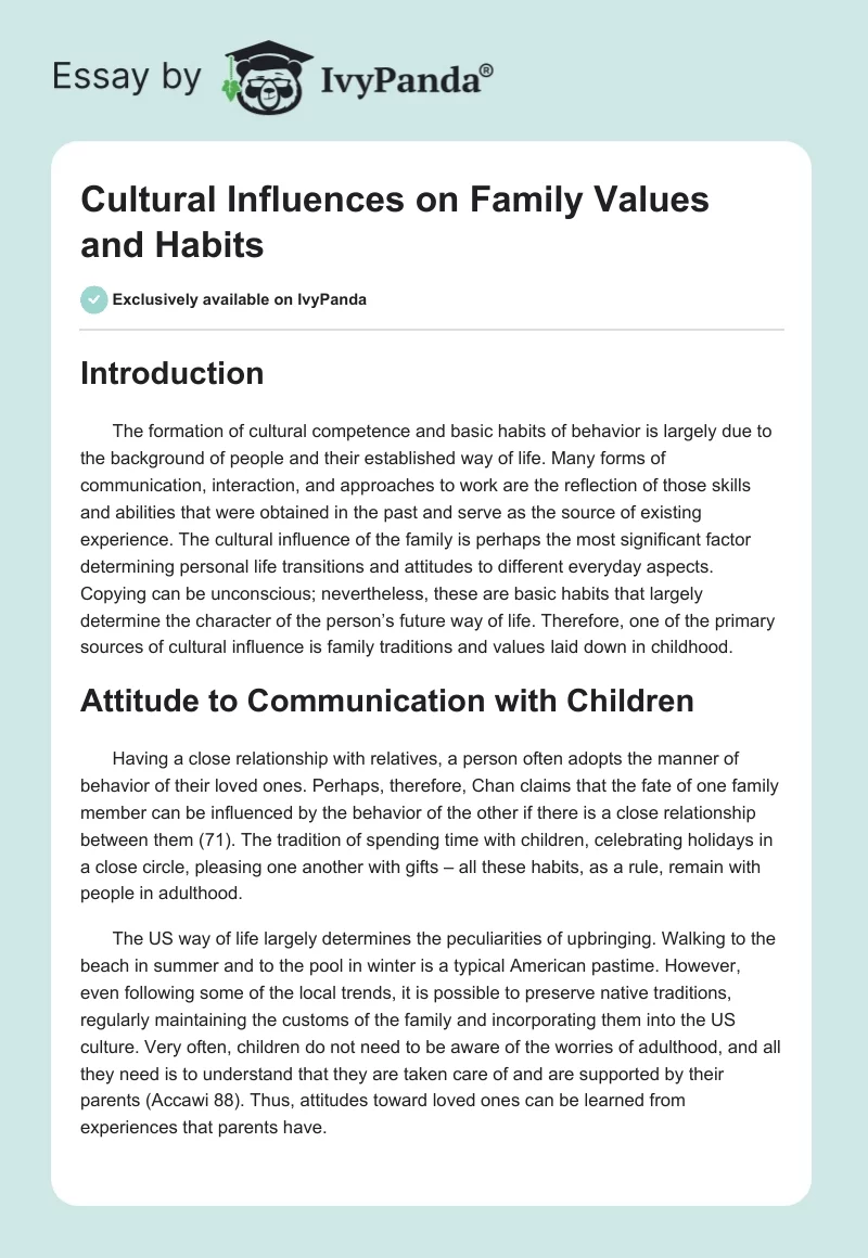 Cultural Influences on Family Values and Habits. Page 1