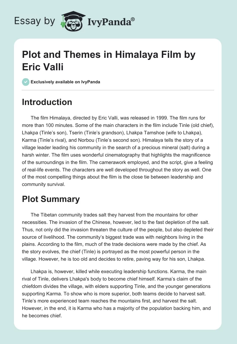 Plot and Themes in "Himalaya" Film by Eric Valli. Page 1